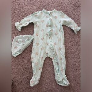 Little Me Light Green Floral Footie with Cap